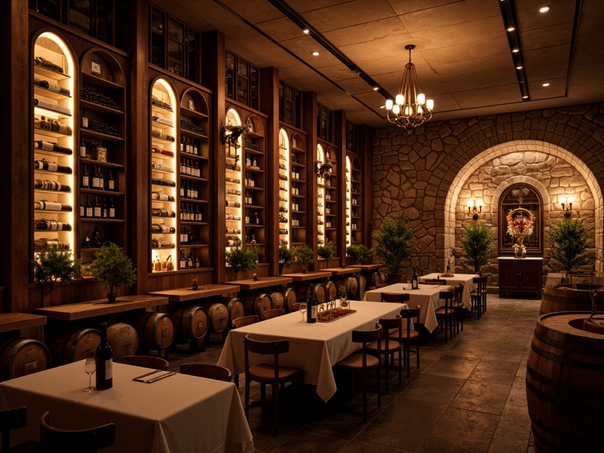 Prompt: Warm wine cellar ambiance, rustic stone walls, wooden barrel racks, dimmed overhead lighting, soft warm glow, LED strip lights, subtle floor lamps, lantern-style fixtures, bronze metalwork, earthy color palette, rich wood tones, cozy atmosphere, intimate seating areas, vintage wine barrels, wine tasting tables, elegant chandeliers, subtle spotlighting, dramatic shadows, ambient occlusion.