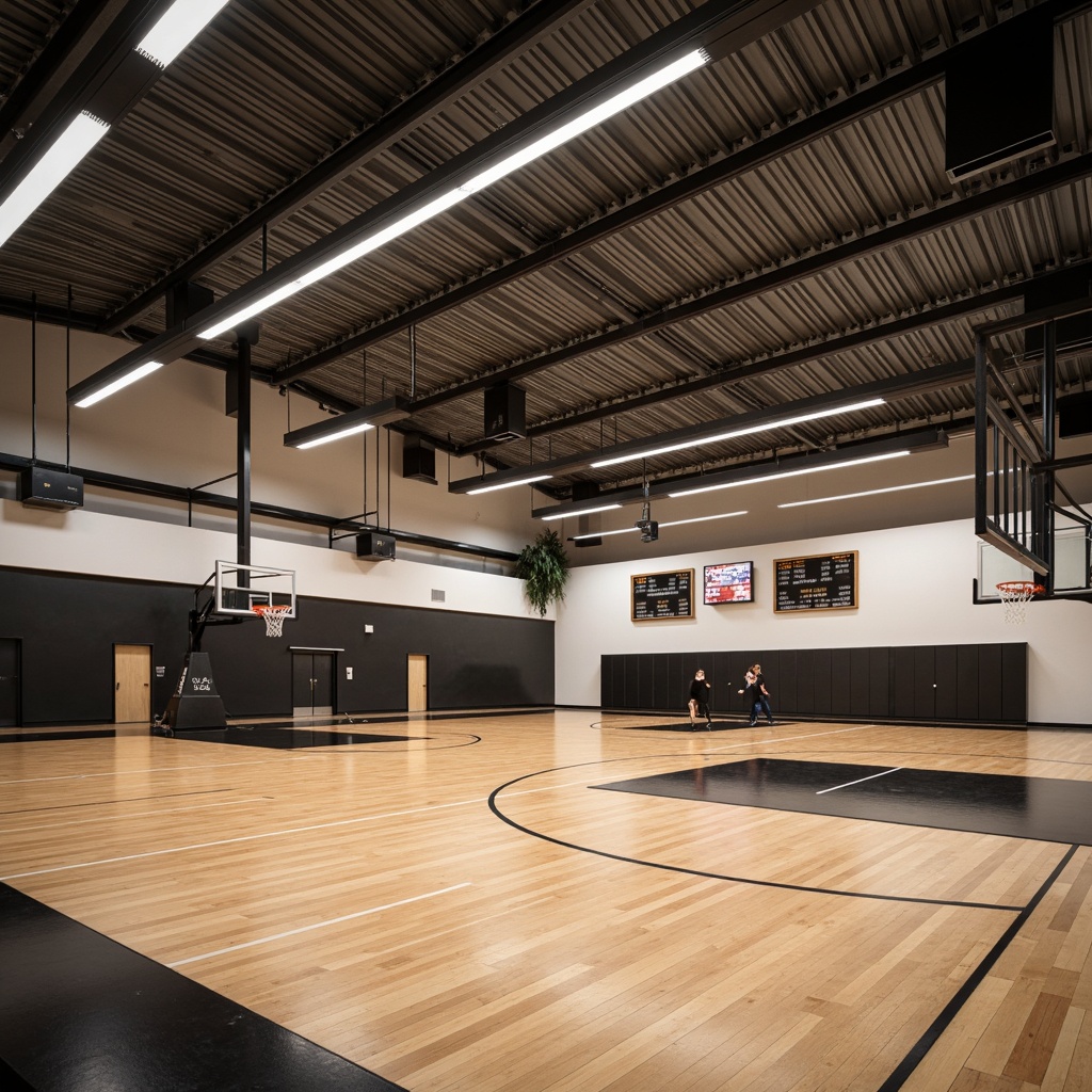 Prompt: Modern gymnasium interior, high ceilings, polished wood flooring, professional sports equipment, basketball hoops, scoreboards, LED court lighting, warm color temperatures, diffused ambient illumination, suspended linear light fixtures, indirect cove lighting, energy-efficient lamps, sleek metal beams, minimalist design, functional spaces, dynamic shadows, 1/2 composition, soft focus, realistic textures, subtle atmospheric effects.