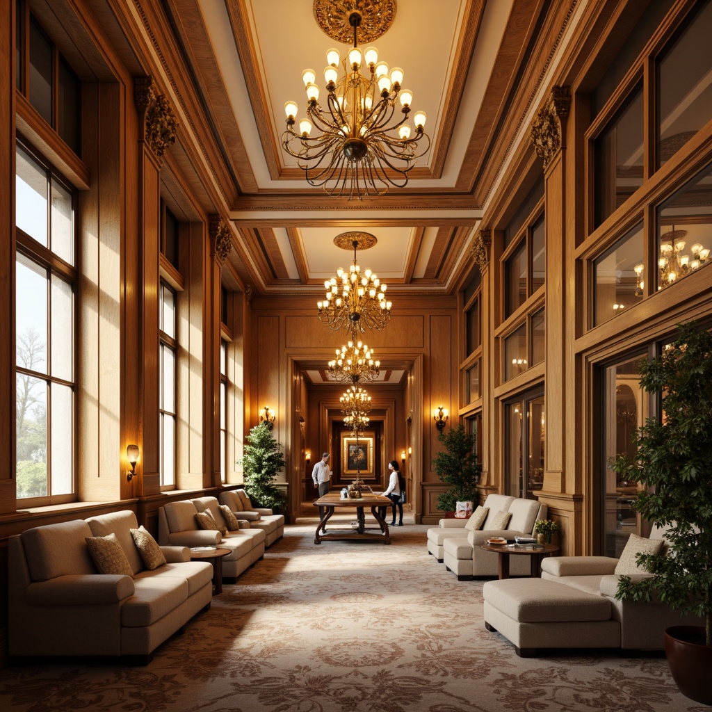 Prompt: Elegant chandeliers, warm golden lighting, soft candlelight, ornate mirrors, rich wood paneling, classic furnishings, luxurious fabrics, intricate moldings, high ceilings, grand staircases, majestic columns, subtle color palette, warm beige tones, creamy whites, soft creams, ambient shadowing, dramatic spotlighting, 1/1 composition, symmetrical framing, realistic textures, detailed normal maps.