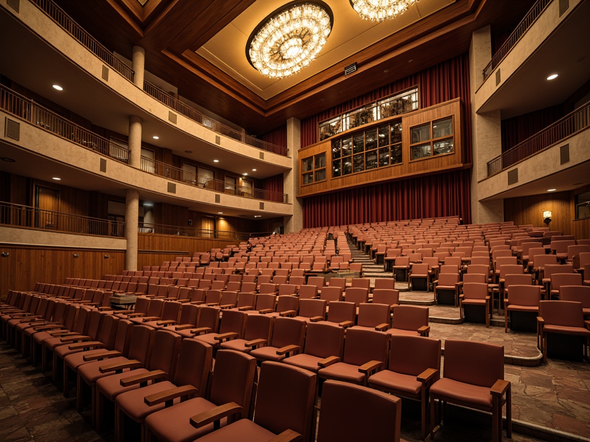 Prompt: Elegant auditorium, tiered seating, curved rows, rich wood tones, plush cushioning, sturdy metal frames, academic atmosphere, natural stone walls, high ceilings, grand chandeliers, warm soft lighting, shallow depth of field, 3/4 composition, panoramic view, realistic textures, ambient occlusion.