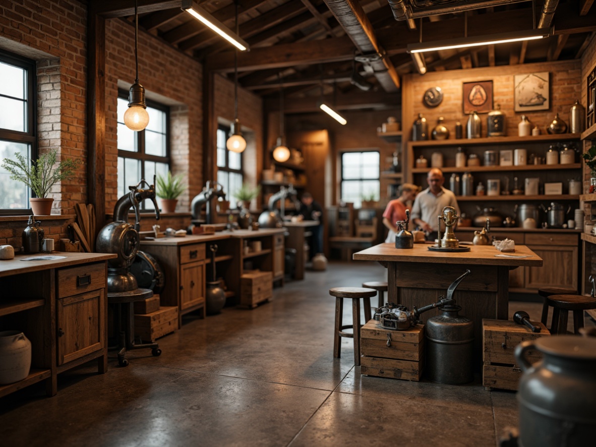 Prompt: Rustic workshop setting, distressed wooden crates, metalworking tools, vintage machinery, exposed brick walls, industrial lighting fixtures, reclaimed wood accents, worn leather aprons, metal crafting stations, steam punk-inspired gadgets, copper pipes, Edison bulbs, nostalgic workshop atmosphere, warm golden lighting, shallow depth of field, 1/1 composition, realistic textures, ambient occlusion.