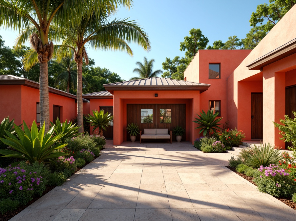 Prompt: Vibrant tropical garage, bright coral walls, lush greenery, exotic palm trees, colorful floral patterns, warm beige concrete floors, rustic wooden doors, natural stone accents, coastal-inspired metal roofs, sunny day, soft warm lighting, shallow depth of field, 3/4 composition, panoramic view, realistic textures, ambient occlusion.