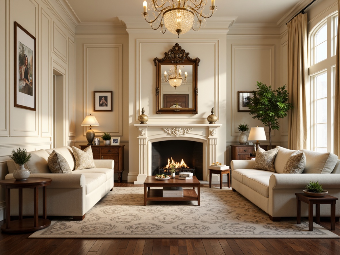 Prompt: Elegant family room, Neoclassicism style, cream-colored walls, ornate moldings, decorative wainscoting, subtle texture, soft warm lighting, cozy atmosphere, classic furnishings, plush sofas, wooden coffee tables, rich fabrics, velvet drapes, golden accents, crystal chandeliers, sophisticated color palette, traditional architecture, symmetrical composition, harmonious balance, 1/2 perspective, shallow depth of field.