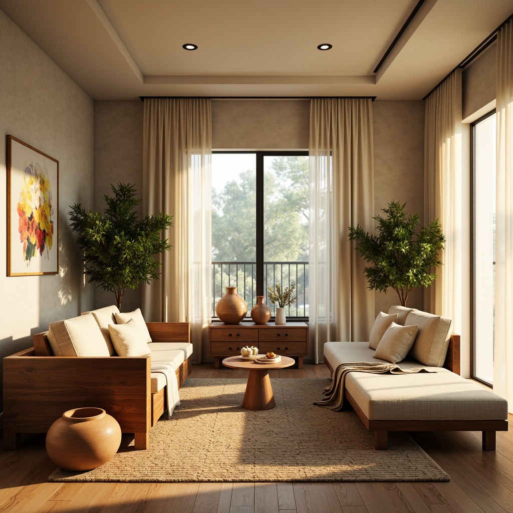 Prompt: Cozy living room, warm beige walls, rich walnut wood furniture, plush cream-colored sofas, soft golden lighting, natural fiber rugs, earthy terracotta vases, modern minimalist decor, large windows, sheer white curtains, lush green plants, morning sunlight, gentle shadows, 1/1 composition, realistic textures, subtle ambient occlusion.