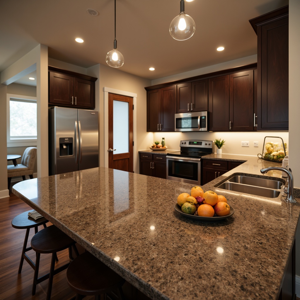 Prompt: Luxurious modern kitchen, polished granite countertops, rich brown and gray speckled pattern, high-gloss finish, stainless steel appliances, sleek cabinetry, ambient under-cabinet lighting, warm beige walls, dark hardwood floors, elegant pendant lights, soft natural daylight, shallow depth of field, 1/2 composition, realistic textures, subtle color grading.