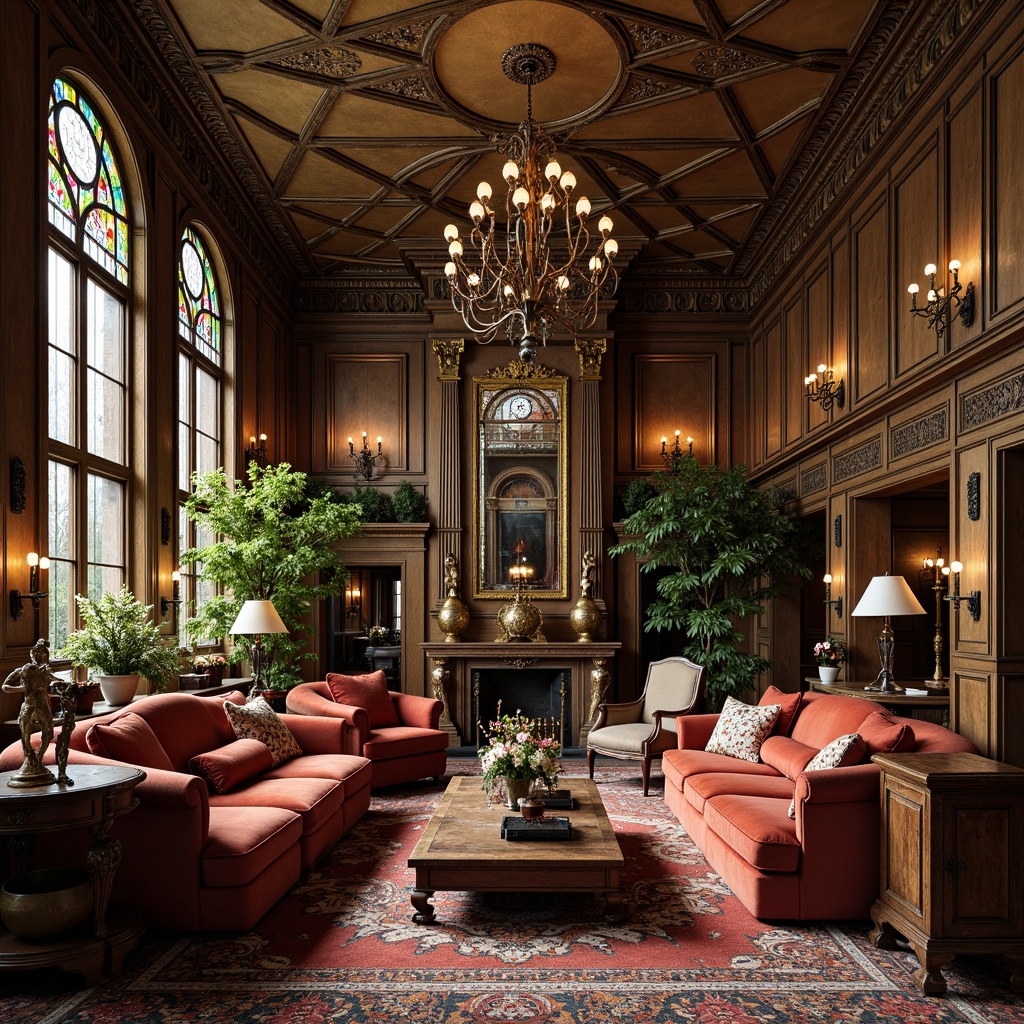 Prompt: \Opulent living room, flowing sinuous lines, organic forms, rich jewel-toned colors, ornate metalwork, stained glass accents, velvet upholstery, carved wooden furniture, intricate patterns, botanical motifs, grandiose chandeliers, dramatic drapery, luxurious textiles, eclectic vintage pieces, warm golden lighting, 1/1 composition, shallow depth of field, realistic textures, ambient occlusion.\