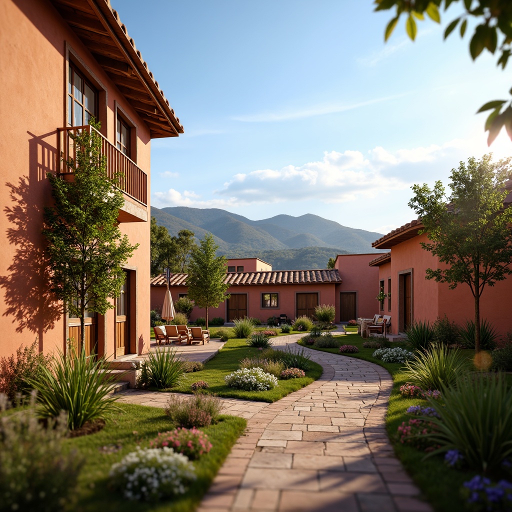 Prompt: Warm terracotta walls, earthy brown roofs, ocher-hued windows, rustic wooden doors, natural stone pathways, lush greenery, blooming wildflowers, sun-kissed hills, clear blue sky, soft warm lighting, shallow depth of field, 3/4 composition, panoramic view, realistic textures, ambient occlusion.