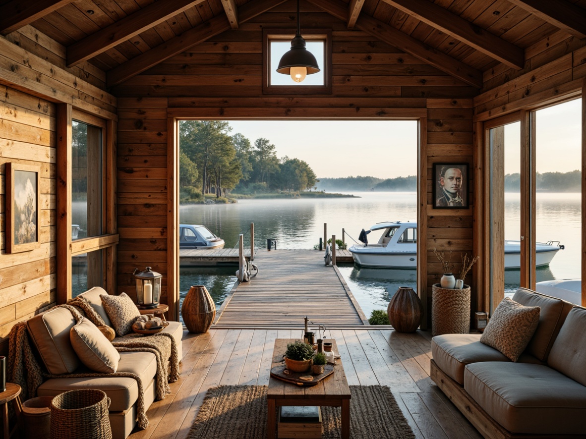 Prompt: Rustic boathouse, wooden docks, serene lake views, warm natural light, earthy tones, weathered wood accents, nautical ropes, vintage anchors, distressed finishes, cozy throw blankets, plush cushions, rich leathers, soft velvets, calming blues, soothing greens, creamy whites, warm beige, golden yellows, sunset oranges, subtle textures, natural fibers, woven baskets, driftwood decor, eclectic art pieces, industrial metal fixtures, reclaimed wood furniture, intimate atmosphere, soft focus, shallow depth of field, 1/1 composition, warm color grading.