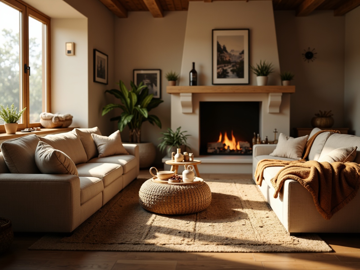 Prompt: Cozy living room, plush throw blankets, soft velvet sofas, rich woolen rugs, natural fiber upholstery, tactile woven baskets, warm beige walls, crackling fireplace, golden afternoon light, shallow depth of field, 1/2 composition, realistic fabric textures, ambient occlusion.