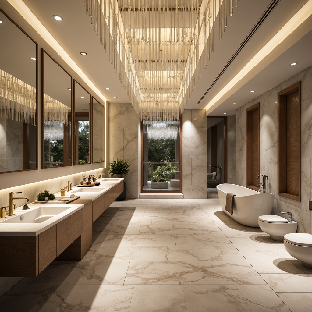 Prompt: Luxurious bathroom setting, marble countertops, sleek faucets, crystal chandeliers, freestanding tubs, rainfall showerheads, heated flooring, soft ambient lighting, large mirrors, ornate gold fixtures, high-gloss cabinetry, polished chrome hardware, spa-inspired atmosphere, calming color palette, natural stone walls, minimalist decorative accents, wall-mounted toilets, bidets, modern linear drains, LED strip lighting, 1/1 composition, shallow depth of field, warm soft focus.