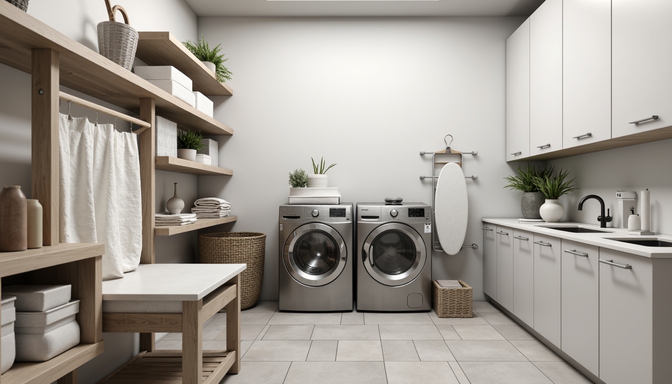 Prompt: \Modern laundry room, clean lines, minimal decor, functional layout, stainless steel appliances, front-load washing machine, top-mount dryer, built-in ironing board, fold-down drying rack, storage cabinets, adjustable shelves, task lighting, soft neutral colors, porcelain floor tiles, ergonomic folding table, hanging rods, built-in detergent dispensers, sleek countertops, under-sink storage, 3/4 composition, shallow depth of field, realistic textures, ambient occlusion.\