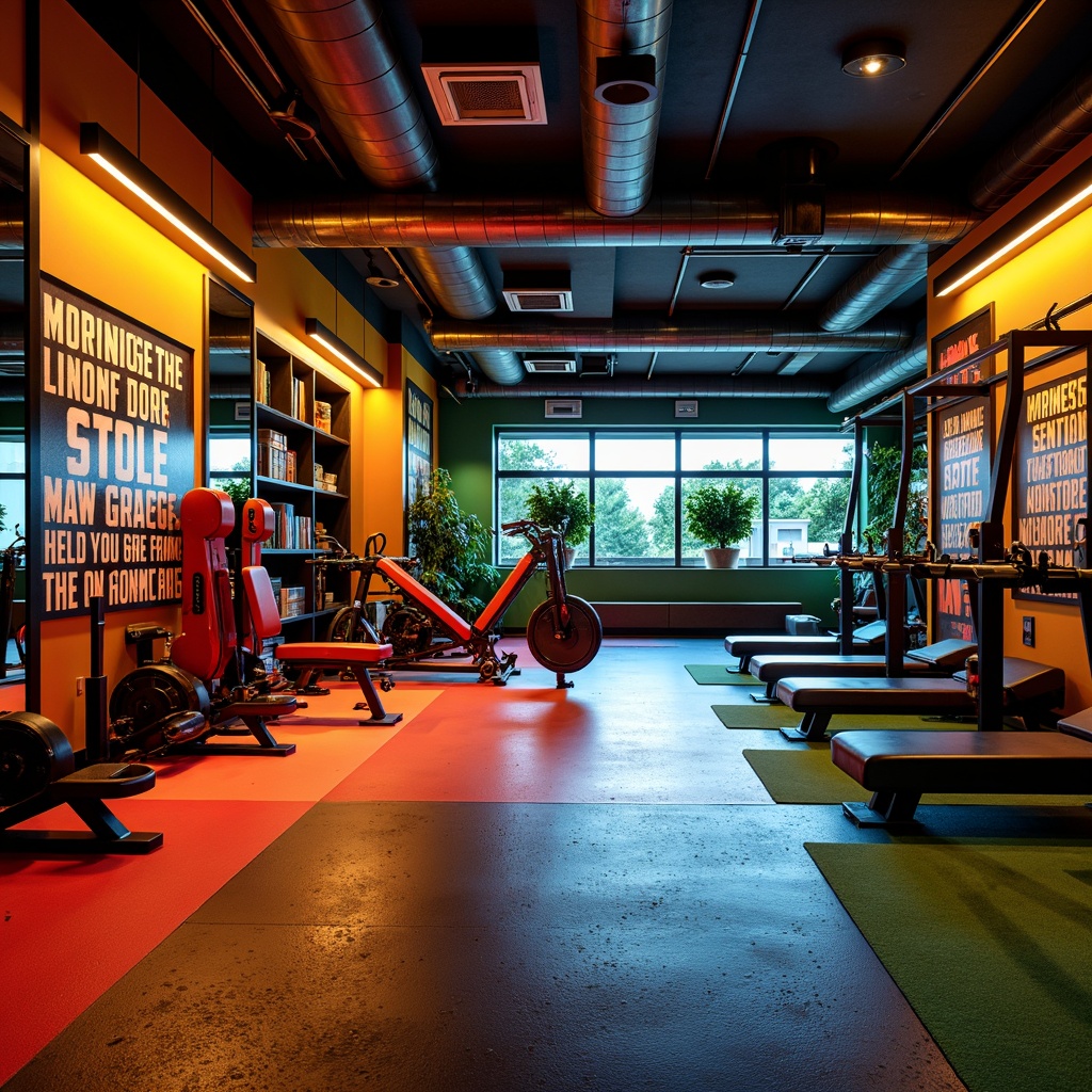 Prompt: Vibrant home gym, bold color scheme, energetic atmosphere, motivational quotes, sleek equipment, rubber flooring, mirrored walls, high ceilings, modern lighting fixtures, industrial-chic decor, metallic accents, intense reds, deep blues, electrifying yellows, calming greens, dynamic oranges, contrasting colors, 3D visual effects, realistic textures, atmospheric rendering, wide-angle shot, cinematic composition.