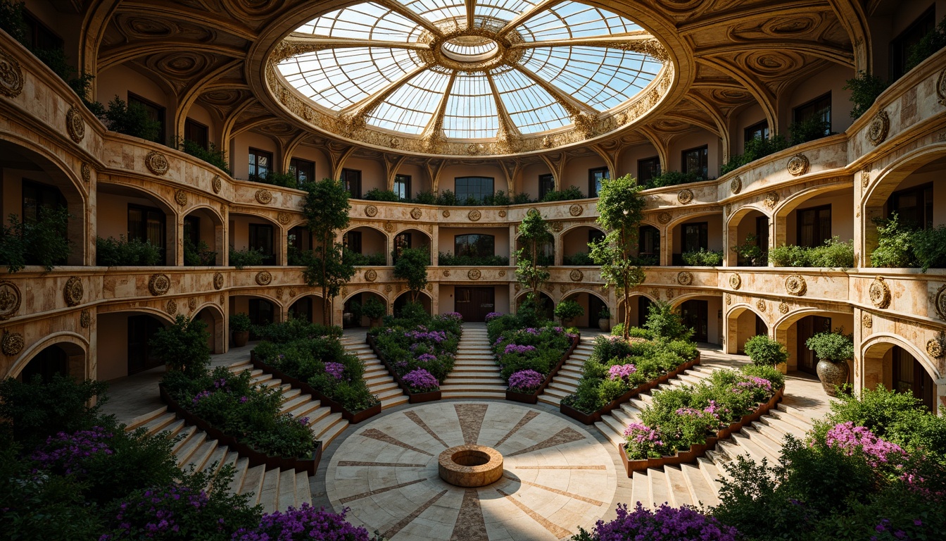 Prompt: \Ornate Art Nouveau amphitheater, flowing curves, organic shapes, rich jewel tones, emerald green, sapphire blue, amethyst purple, gold accents, intricate ironwork, ornamental lighting, velvety drapes, marble columns, grand staircases, lush foliage, natural stone walls, warm golden light, soft focus, shallow depth of field, 1/2 composition, symmetrical balance, highly detailed textures, ambient occlusion.\