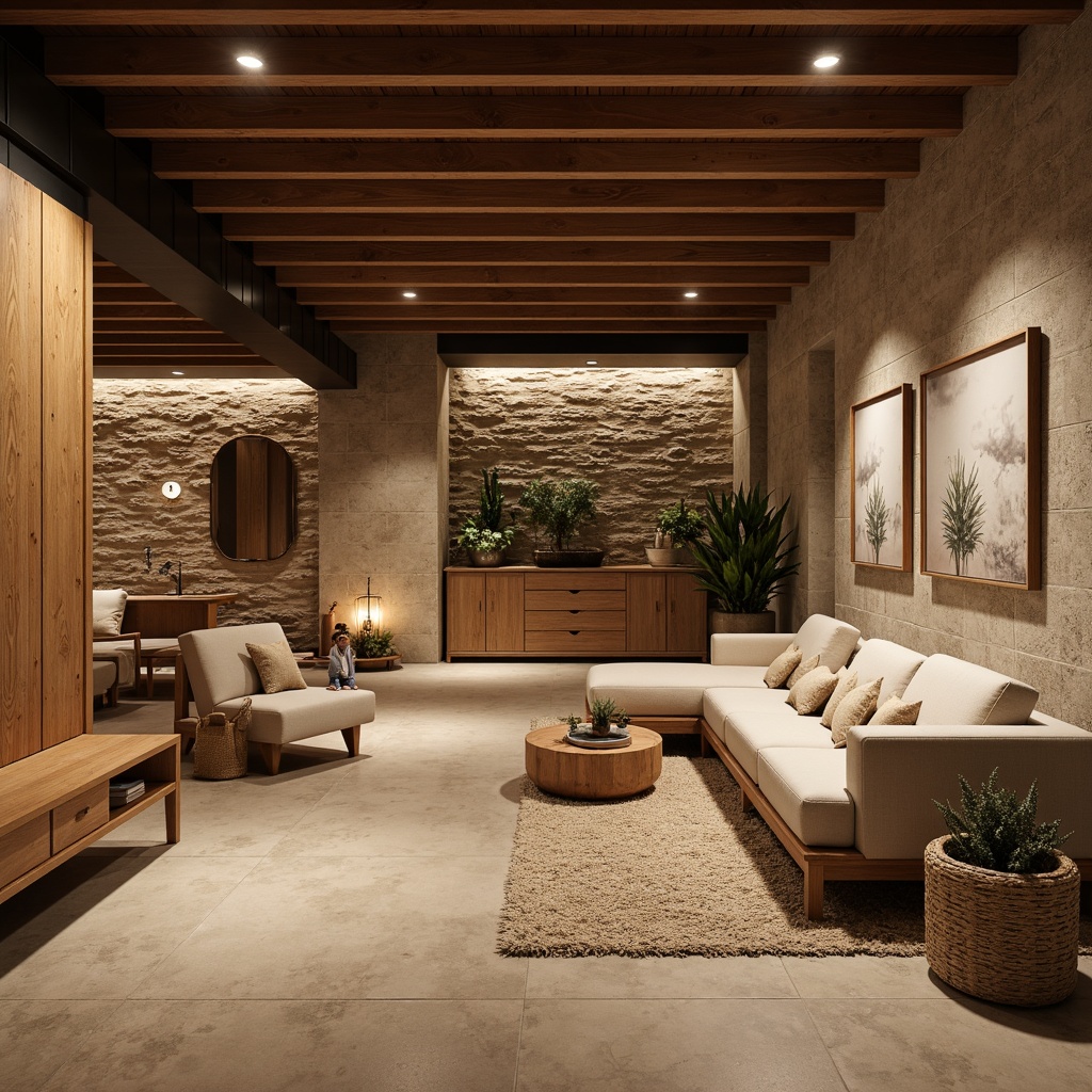 Prompt: Rustic basement interior, warm earthy tones, natural stone flooring, polished concrete surfaces, industrial-chic metal beams, exposed brick walls, cozy ambient lighting, plush area rugs, modern minimalist decor, sleek low-profile furniture, warm beige color scheme, soft warm glow, shallow depth of field, 1/1 composition, realistic textures, ambient occlusion.