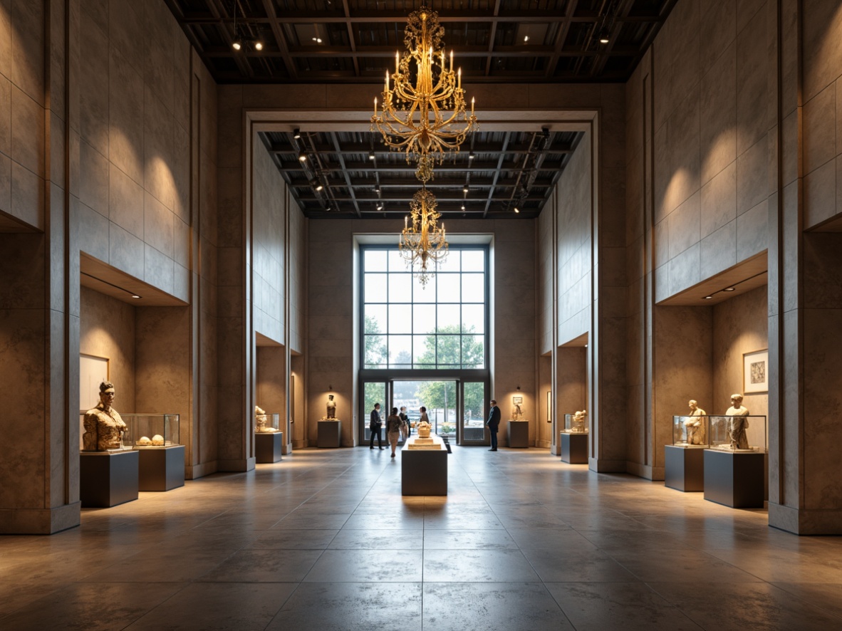 Prompt: Elegant museum interior, warm ambient lighting, subtle accent lights, LED track lights, floor-to-ceiling windows, natural daylight, soft shadows, dramatic spotlights, artifact display cases, minimalist exhibits, polished concrete floors, sleek modern architecture, high ceilings, grand entrance halls, ornate chandeliers, soft warm color temperatures, layering light effects, 1/2 composition, realistic textures, subtle gradient maps.