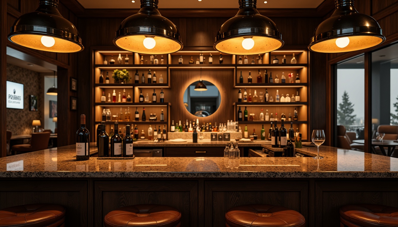 Prompt: Cozy home bar, warm ambient lighting, suspended pendant lamps, rustic metal shades, dimmable LED strips, wine bottle displays, wooden shelves, rich leather stools, granite countertops, decorative mirrors, soft warm glow, cinematic atmosphere, 1/2 composition, shallow depth of field, realistic textures, subtle shading.