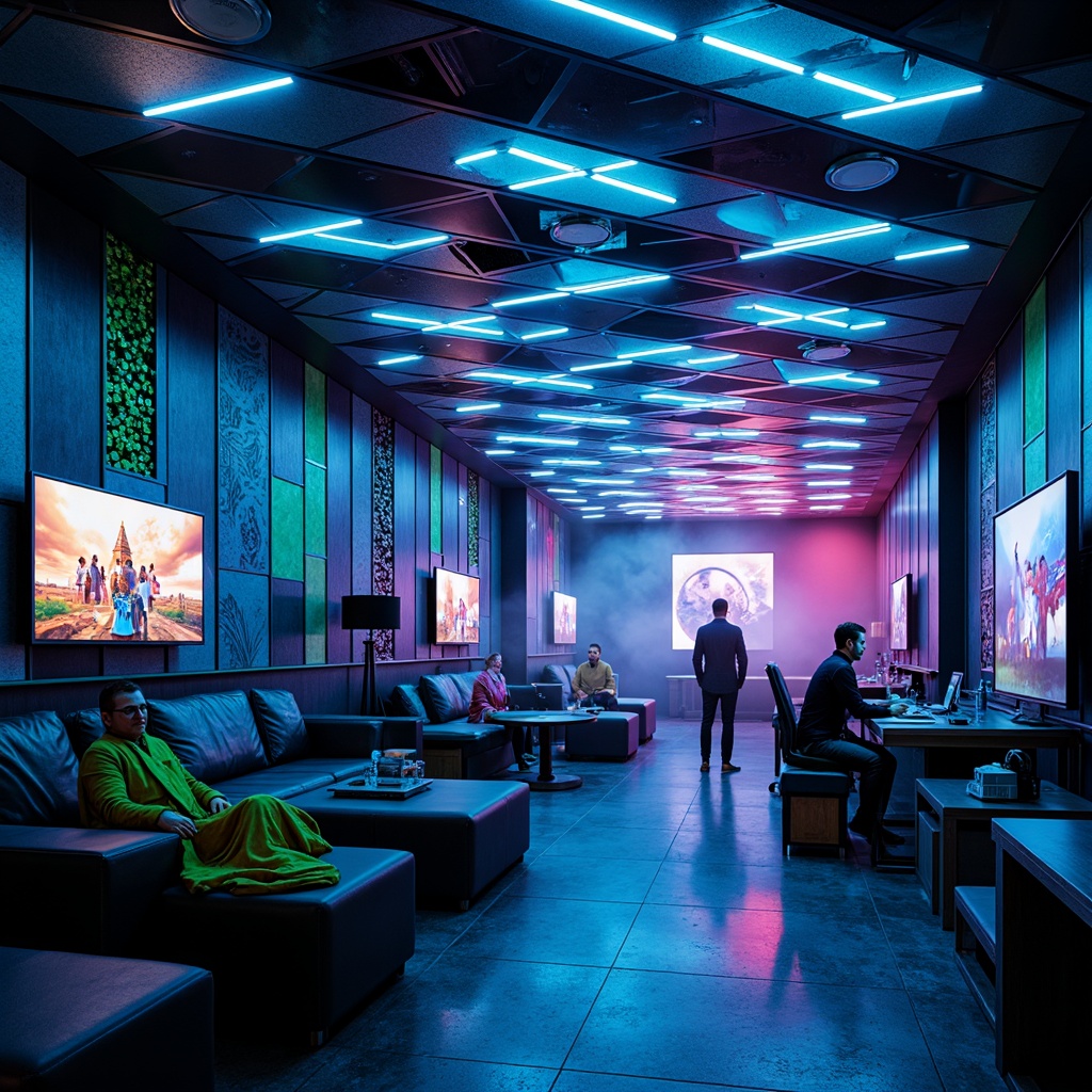 Prompt: Neon-lit game room, futuristic ambiance, high-tech gadgets, virtual reality stations, LED strip lights, color-shifting ceilings, strobe lights, fog machines, dark blue walls, neon green accents, metallic surfaces, geometric patterns, 3D projection mapping, surround sound systems, cozy seating areas, warm glow lighting, shallow depth of field, cinematic composition, vibrant colorful textures.