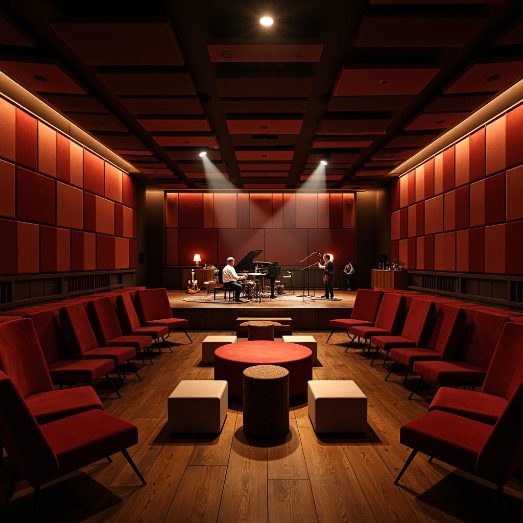 Prompt: Intimate music venue, warm atmospheric lighting, plush velvet seats, curved rows of chairs, wooden flooring, soundproofing panels, acoustic ceilings, minimal decor, soft cushioned ottomans, low-rise stages, grand pianos, drum sets, microphone stands, spotlights, dramatic shadows, shallow depth of field, 2/3 composition, warm color tones, realistic textures, ambient occlusion.