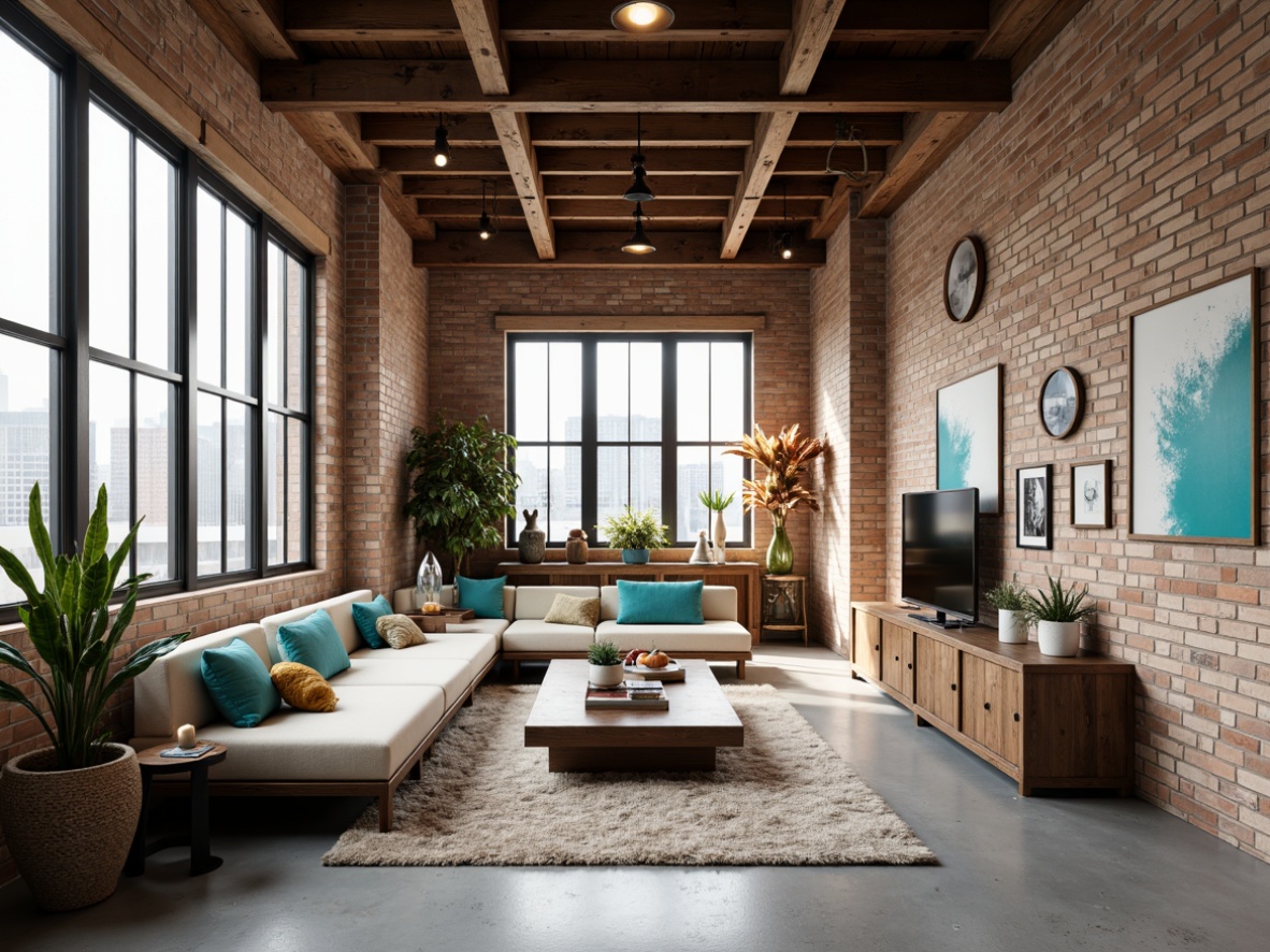 Prompt: Industrial chic loft interior, exposed brick walls, polished concrete floors, modern minimalist furniture, sleek metal accents, reclaimed wood beams, urban cityscape views, natural light pouring in, warm beige tones, deep charcoal grays, rich walnut browns, vibrant turquoise blues, creamy whites, industrial-style lighting fixtures, eclectic decorative art pieces, abstract geometric patterns, cozy textiles, 1/1 composition, shallow depth of field, soft warm lighting, realistic textures.