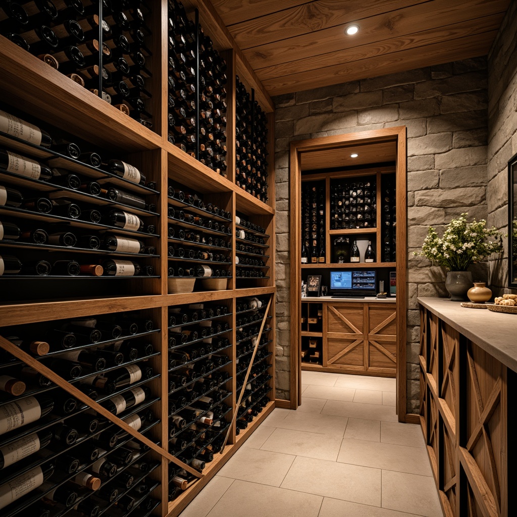 Prompt: Luxurious wine cellar, climate-controlled environment, optimal temperature ranges, humidity management systems, air purification technologies, advanced insulation materials, sleek metal racks, wooden crates, dimmed lighting, atmospheric ambiance, rich wood tones, stone walls, temperature display screens, humidistat devices, evaporative cooling systems, refrigeration units, passive ventilation methods, thermal mass storage, energy-efficient solutions, sophisticated climate monitoring systems, real-time data analytics, premium wine storage facilities.