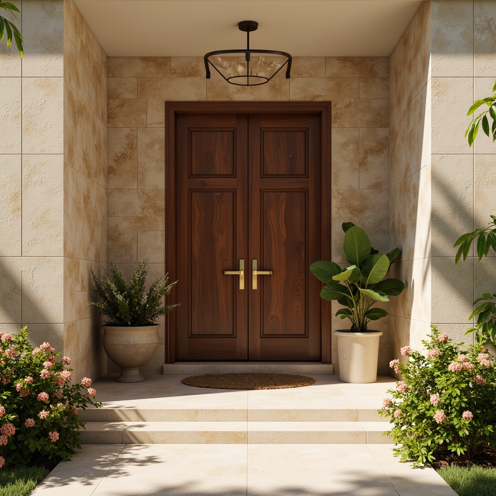 Prompt: Welcoming entrance, soft warm lighting, beige stone walls, rich wooden doors, elegant bronze hardware, lush greenery, vibrant flowers, modern minimalist chandelier, neutral beige flooring, creamy white ceilings, warm earthy tones, calming color scheme, 1/1 composition, realistic textures, ambient occlusion.