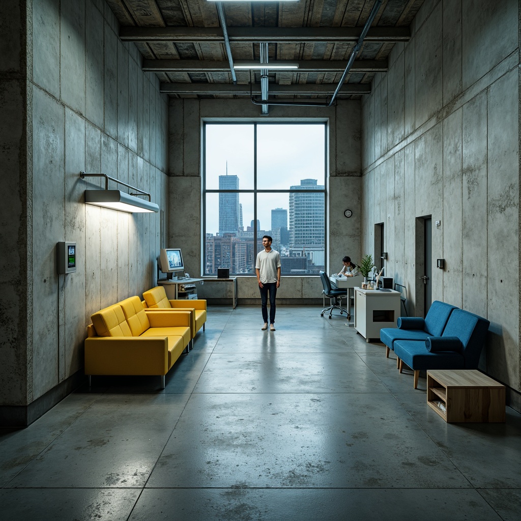 Prompt: Exposed concrete walls, rugged industrial textures, bold color accents, vibrant yellow furniture, deep blue medical equipment, stark white lighting, minimalist decor, functional architecture, brutalist hospital design, urban cityscape background, overcast sky, dramatic shadows, low-angle photography, 1/2 composition, high-contrast lighting, gritty realistic rendering.