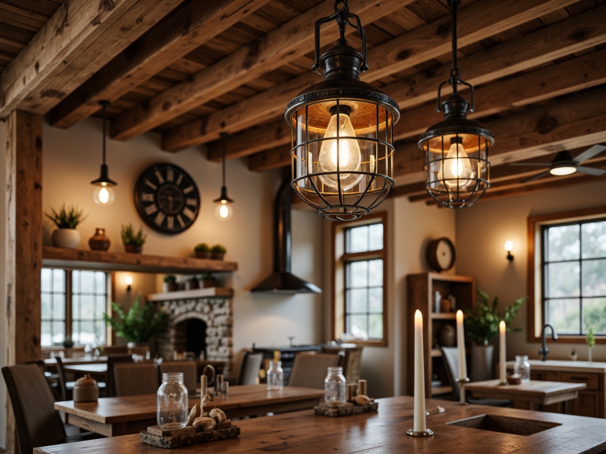 Prompt: Rustic farmhouse, vintage metal lanterns, distressed wooden beams, earthy tones, natural textures, pendant lights, industrial-style chandeliers, wrought iron candle holders, mason jars, soft warm glow, cozy ambiance, rustic metal shades, Edison bulb fixtures, reclaimed wood accents, traditional country decor, farmhouse sink, shiplap walls, stone fireplaces, wooden ceiling fans, nature-inspired motifs.