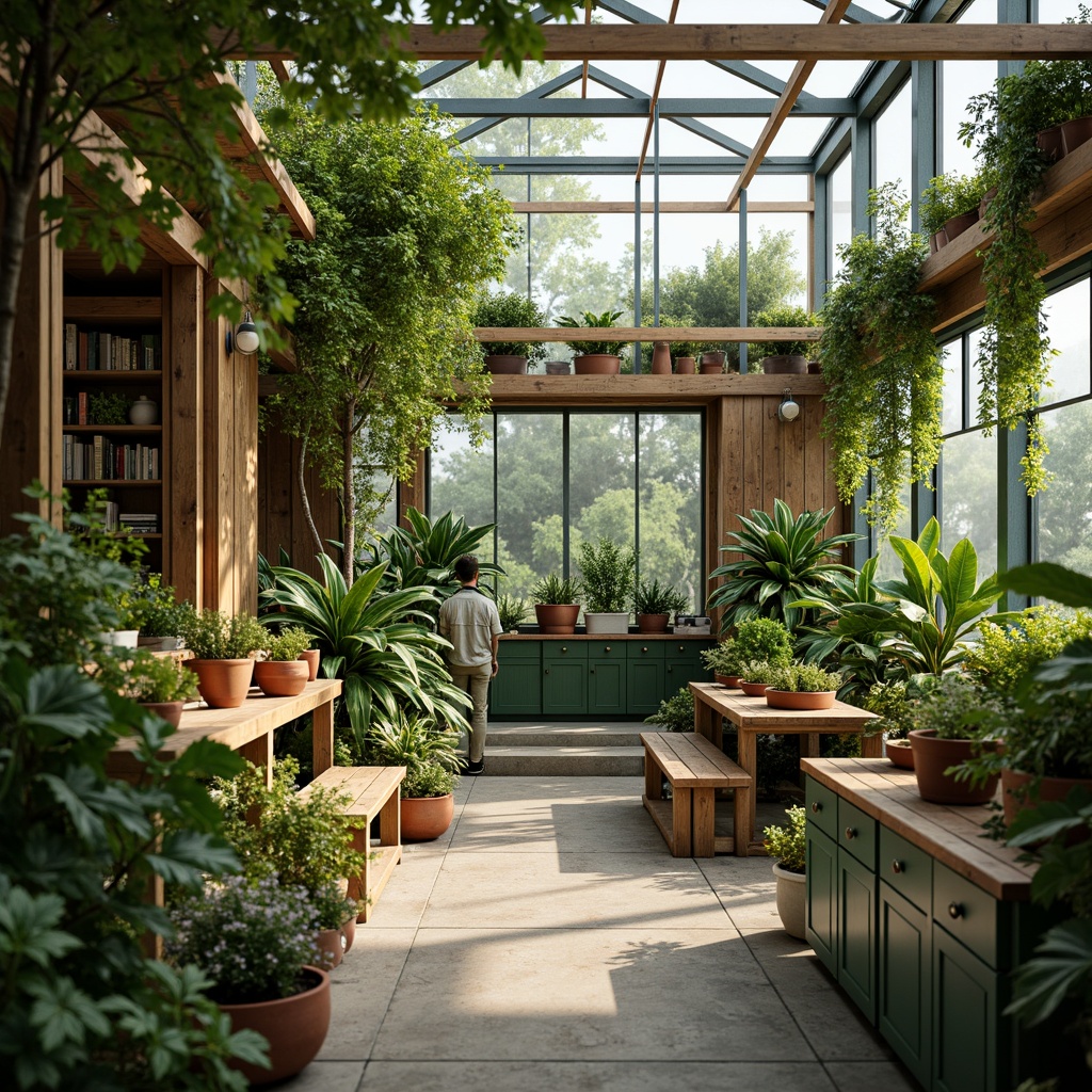 Prompt: Vibrant botanical greenhouse, lush green foliage, natural wood accents, earthy terracotta planters, soft diffused lighting, warm beige walls, sage green cabinets, reclaimed wood shelving, industrial metal beams, rustic wooden benches, potted plants, living walls, tropical flowers, misty atmosphere, shallow depth of field, 1/1 composition, realistic textures, ambient occlusion.