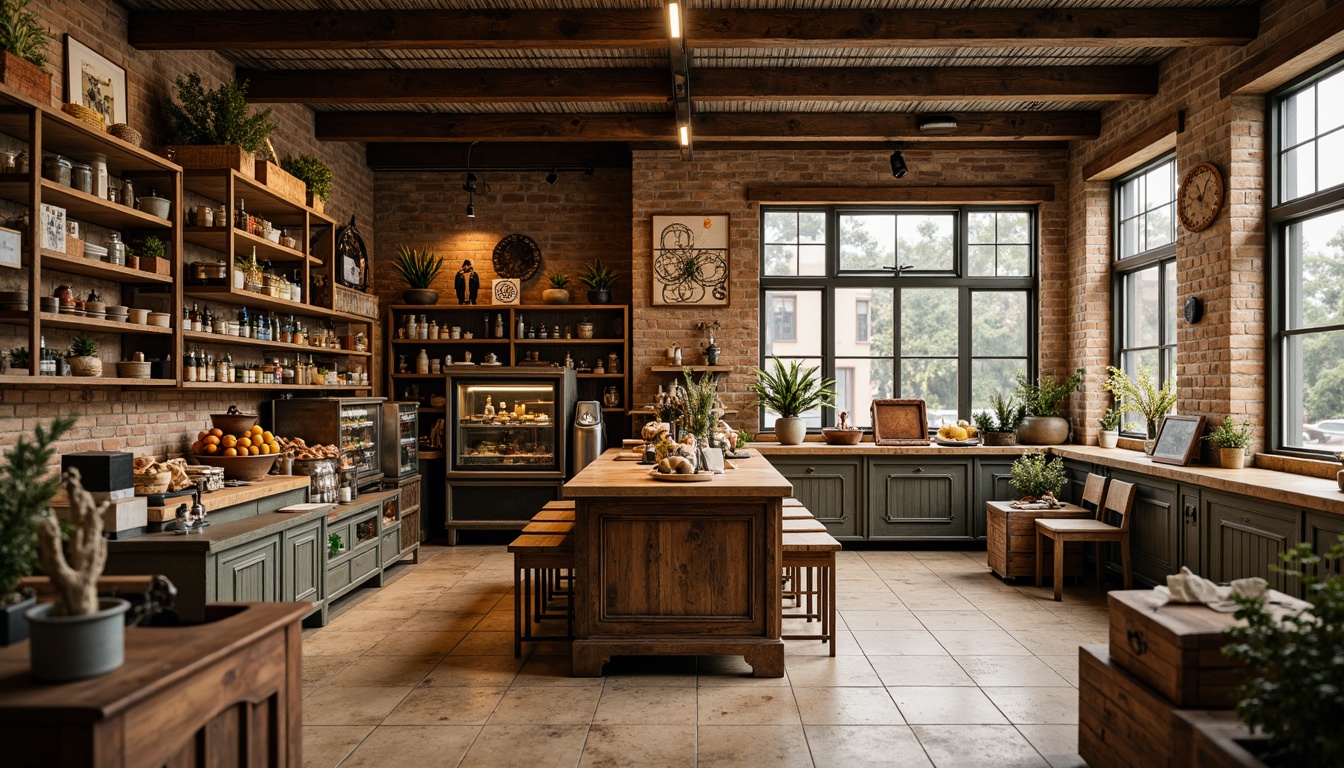 Prompt: Vintage grocery store interior, distressed wooden floors, worn brick walls, rustic metal shelves, reclaimed wood accents, soft warm lighting, shallow depth of field, 3/4 composition, earthy tone color palette, natural stone tile inlays, ceramic tile with decorative crackle, polished concrete flooring, industrial-style metal grid ceiling, antique furniture pieces, ornate wooden decorations, distressed finishes, faded signage, aged bronze hardware, nostalgic atmosphere, warm beige tones, rustic charm.