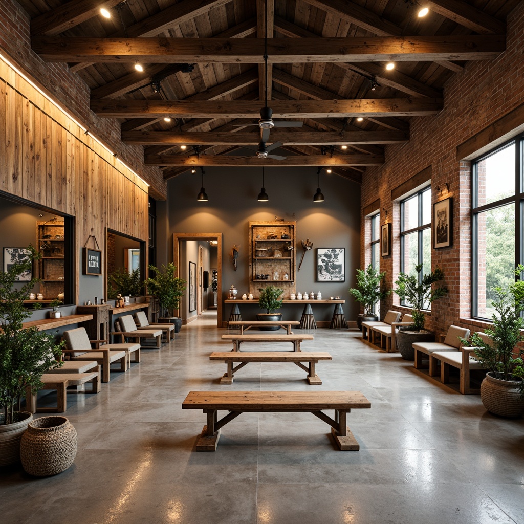 Prompt: Rustic farmhouse gym, reclaimed wood accents, exposed brick walls, vintage farm tools, natural stone flooring, earthy color palette, wooden beams, industrial lighting fixtures, open concept layout, mirrored walls, free weights area, cardio equipment zone, yoga studio, meditation room, spa-inspired locker rooms, farmhouse-style signage, distressed metal decor, potted plants, wooden benches, soft warm lighting, shallow depth of field, 3/4 composition, realistic textures, ambient occlusion.