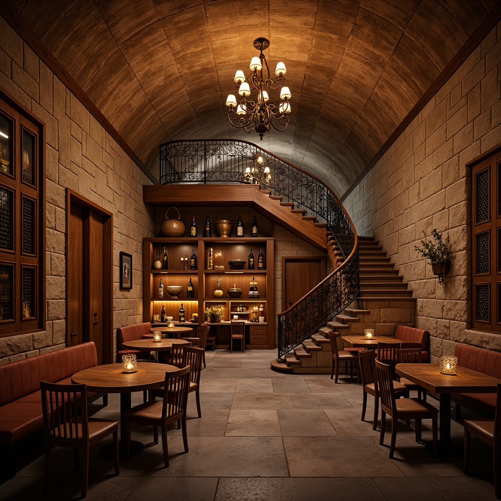 Prompt: Warm wine cellar ambiance, rustic stone walls, wooden barrels, dimmed chandelier lighting, soft warm glow, candlelit tables, rich wood accents, vintage wine bottles, ornate metalwork, curved staircases, intimate seating areas, cozy nooks, warm earthy tones, traditional architectural details, subtle warm lighting, dramatic ceiling heights, grand wooden doors, classic lanterns, ambient shadows, 3/4 composition, shallow depth of field, realistic textures.