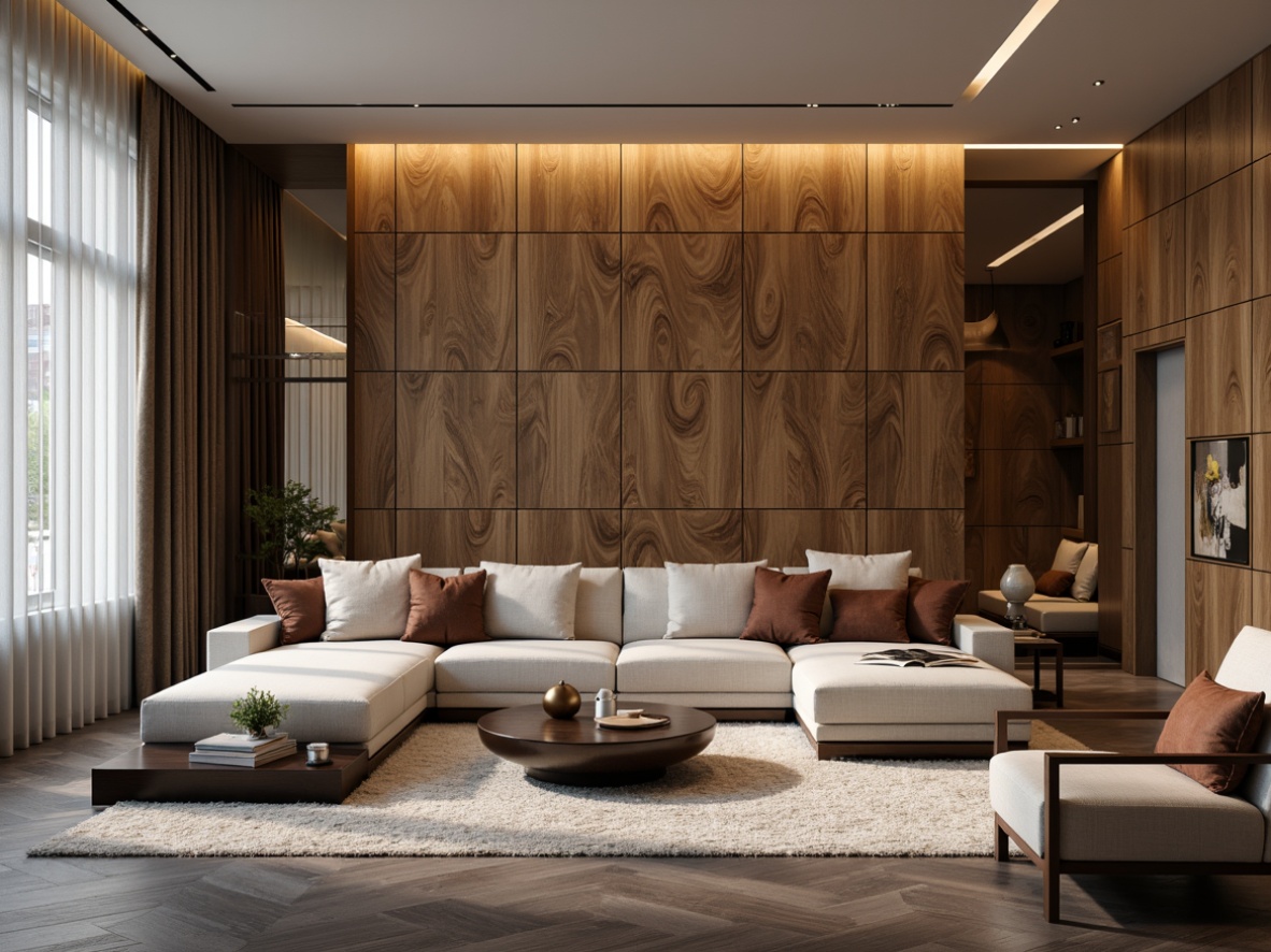 Prompt: Luxurious living room, accent wall, textured finishes, 3D geometric patterns, metallic paint effects, rich wood paneling, sleek glass surfaces, ambient lighting, floor-to-ceiling drapery, plush area rugs, modern minimalist decor, soft warm color palette, shallow depth of field, 1/2 composition, realistic textures, subtle shadows.