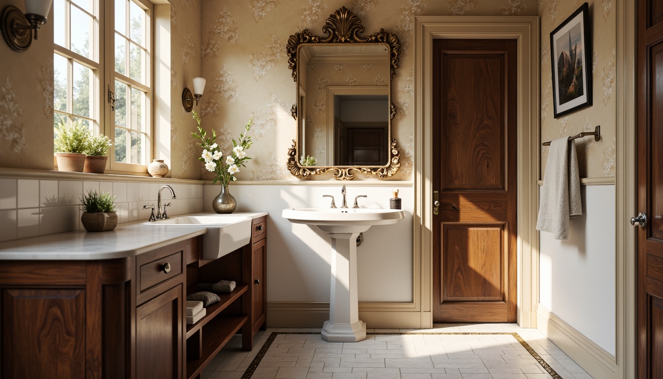 Prompt: Elegant bathroom, classic pedestal sink, ornate mirror frame, rich wood cabinetry, polished chrome faucets, crisp white subway tiles, decorative floor trim, academic-inspired wallpaper, traditional lighting fixtures, warm beige walls, marble countertops, refined accessories, antique-style decor, soft natural lighting, shallow depth of field, 1/1 composition, realistic textures.