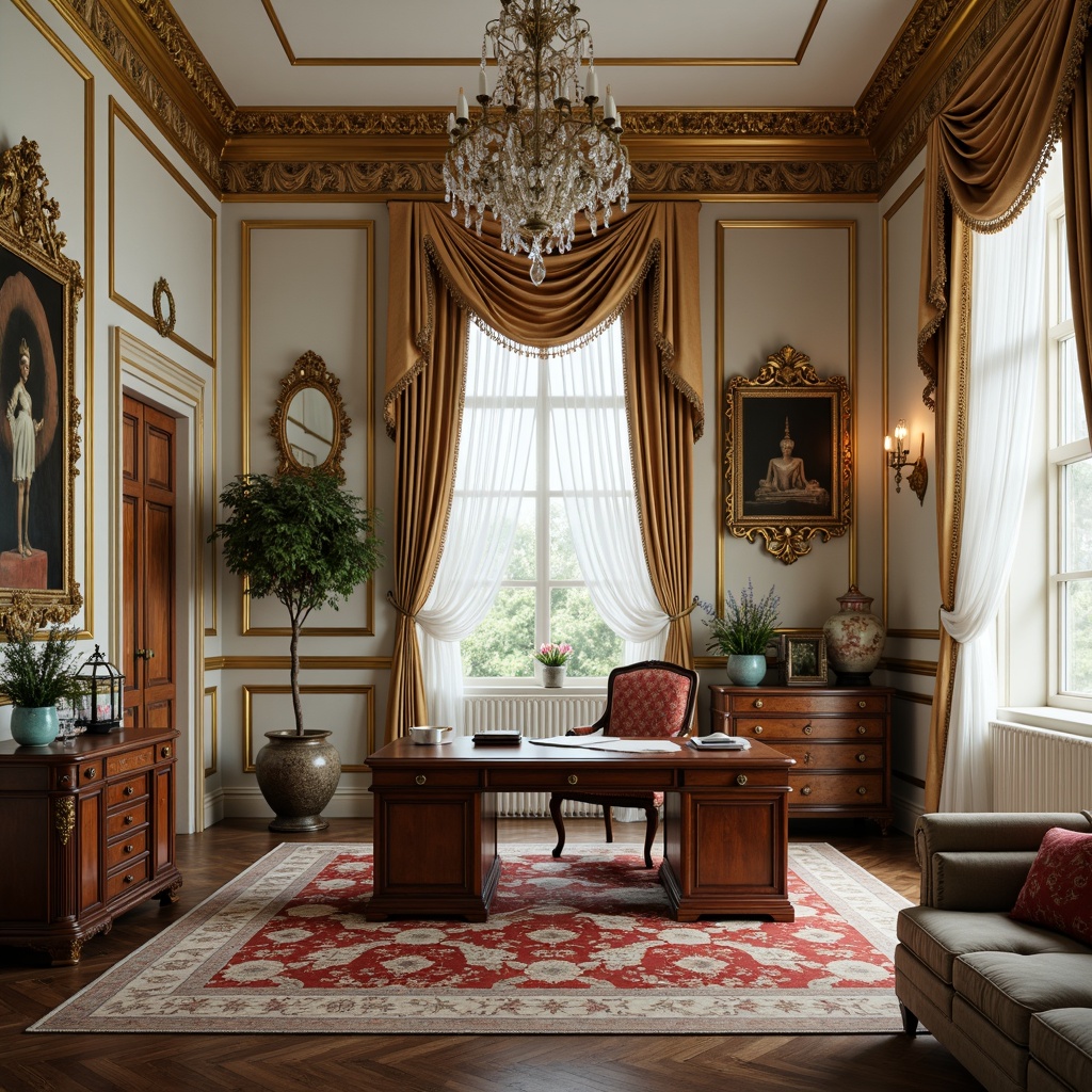 Prompt: Luxurious home office, ornate Rococo style, soft gold accents, creamy whites, rich wood tones, velvety reds, lavish turquoise, intricate carvings, gilded frames, delicate florals, ornamental mirrors, plush furnishings, tufted upholstery, lavish drapery, crystal chandeliers, warm candlelight, shallow depth of field, 1/1 composition, intimate atmosphere, realistic textures, ambient occlusion.