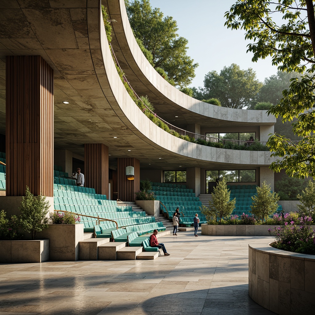 Prompt: Undulating amphitheater seating, sweeping curves, grand staircase, ornate metal railings, polished marble floors, vibrant turquoise accents, lush greenery, blooming flowers, tiered planters, natural stone walls, soft warm lighting, shallow depth of field, 3/4 composition, panoramic view, realistic textures, ambient occlusion.