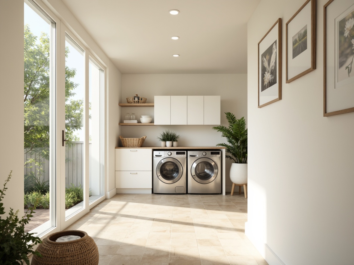 Prompt: Bright laundry room, large windows, soft natural light, creamy white walls, sleek modern appliances, stainless steel washer and dryer, minimalist shelving, built-in cabinets, warm beige flooring, subtle texture, gentle shadows, 1/1 composition, shallow depth of field, soft focus, calming atmosphere, airy feel.