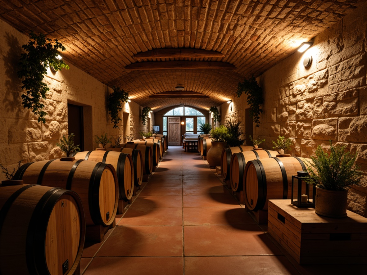 Prompt: Rustic wine cellar, natural stone walls, brick arches, wooden barrels, dimly lit atmosphere, earthy aromas, old oak casks, grapevine-inspired decorations, terracotta flooring, vintage wine-making equipment, metal lanterns, warm golden lighting, shallow depth of field, 1/2 composition, realistic textures, ambient occlusion.