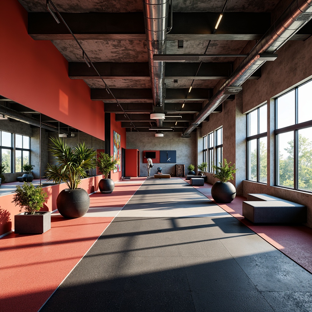 Prompt: Rubber flooring, bold colorblocking, textured surfaces, abstract patterns, postmodern home gym, industrial chic, exposed ductwork, metal beams, reclaimed wood accents, neon lighting, futuristic equipment, mirrored walls, concrete foundation, minimalist decor, high-ceiling windows, natural light pouring in, 1/2 composition, dramatic shadows, realistic reflections, ambient occlusion.