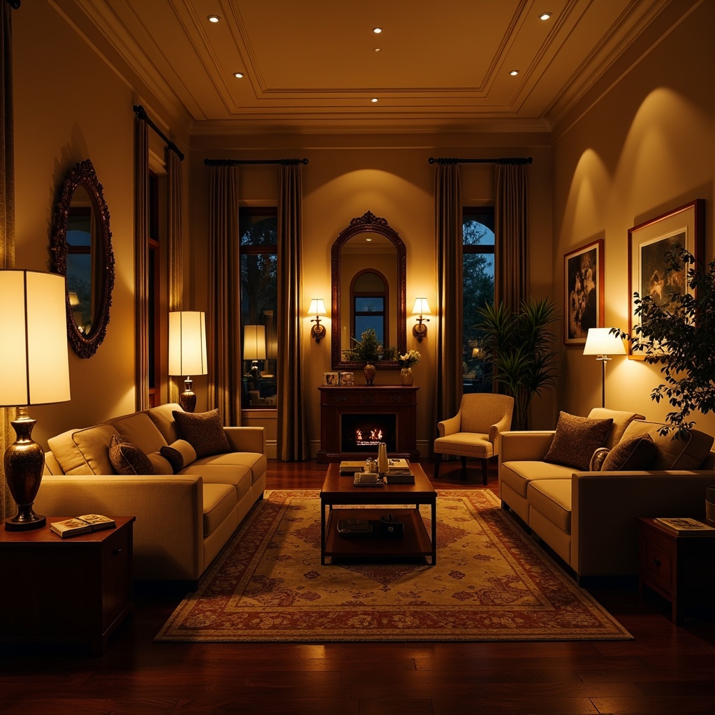 Prompt: Cozy living room, warm ambient lighting, table lamps, floor lamps, pendant lights, soft warm glow, rich wood tones, plush furniture, comfortable seating, intimate atmosphere, subtle shadows, warm beige walls, dark hardwood floors, elegant curtains, ornate mirrors, relaxing ambiance, calming mood, evening scene, dimmable lighting, layered light sources, 1/1 composition, realistic renderings.