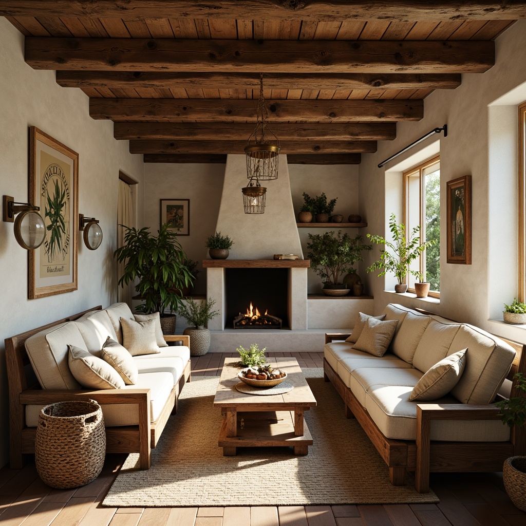 Prompt: Rustic farmhouse villa, vintage wooden furniture, distressed finishes, natural fabrics, earthy tones, plush cushions, linen upholstery, wooden beams, stone walls, cozy fireplaces, pendant lanterns, metal accents, botanical prints, woven baskets, antique decor, soft warm lighting, shallow depth of field, 3/4 composition, realistic textures, ambient occlusion.