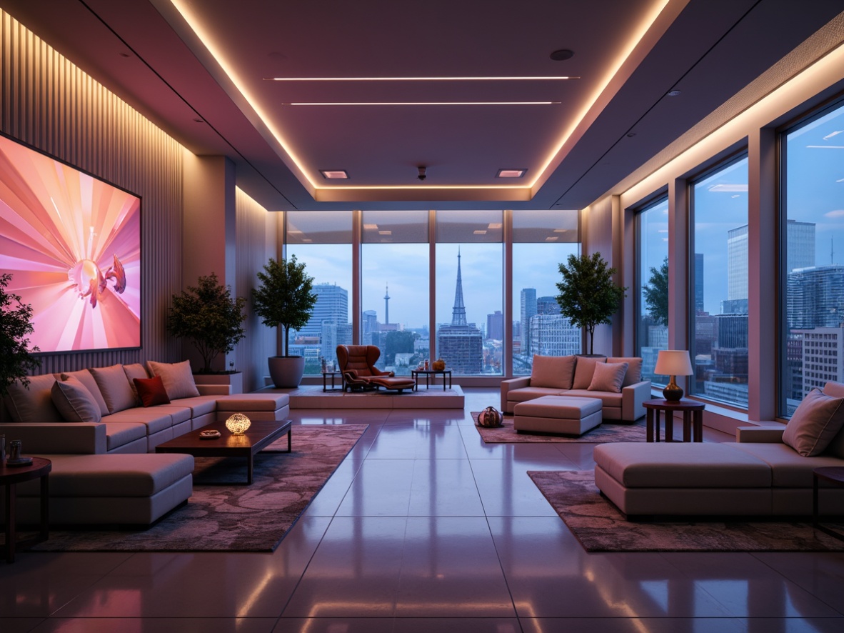 Prompt: Sleek modern interiors, streamline furniture, minimalist decor, ambient LED lighting, warm cozy glow, recessed ceiling lights, floor-to-ceiling windows, natural daylight, polished metal accents, luxurious fabrics, soft pastel colors, futuristic aesthetic, 3D geometric patterns, holographic displays, neon-lit cityscape views, shallow depth of field, cinematic lighting effects, high-contrast ratios, dramatic shadows, ultra-modern chandeliers, crystal glass fixtures, dynamic color-changing lights, immersive atmosphere.