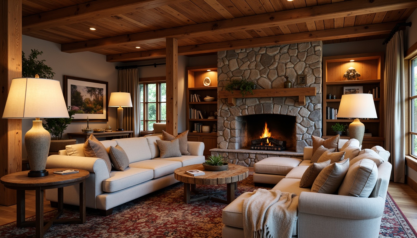 Prompt: Cozy craftsman interior, warm wood tones, rustic stone fireplace, soft ambient lighting, table lamps with earthy ceramic bases, pendant lights with natural linen shades, wooden beams, richly textured fabrics, plush area rugs, comfortable oversized furniture, inviting reading nooks, warm color palette, natural materials, earthy accents, softbox lighting, 3-point composition, shallow depth of field, realistic textures.