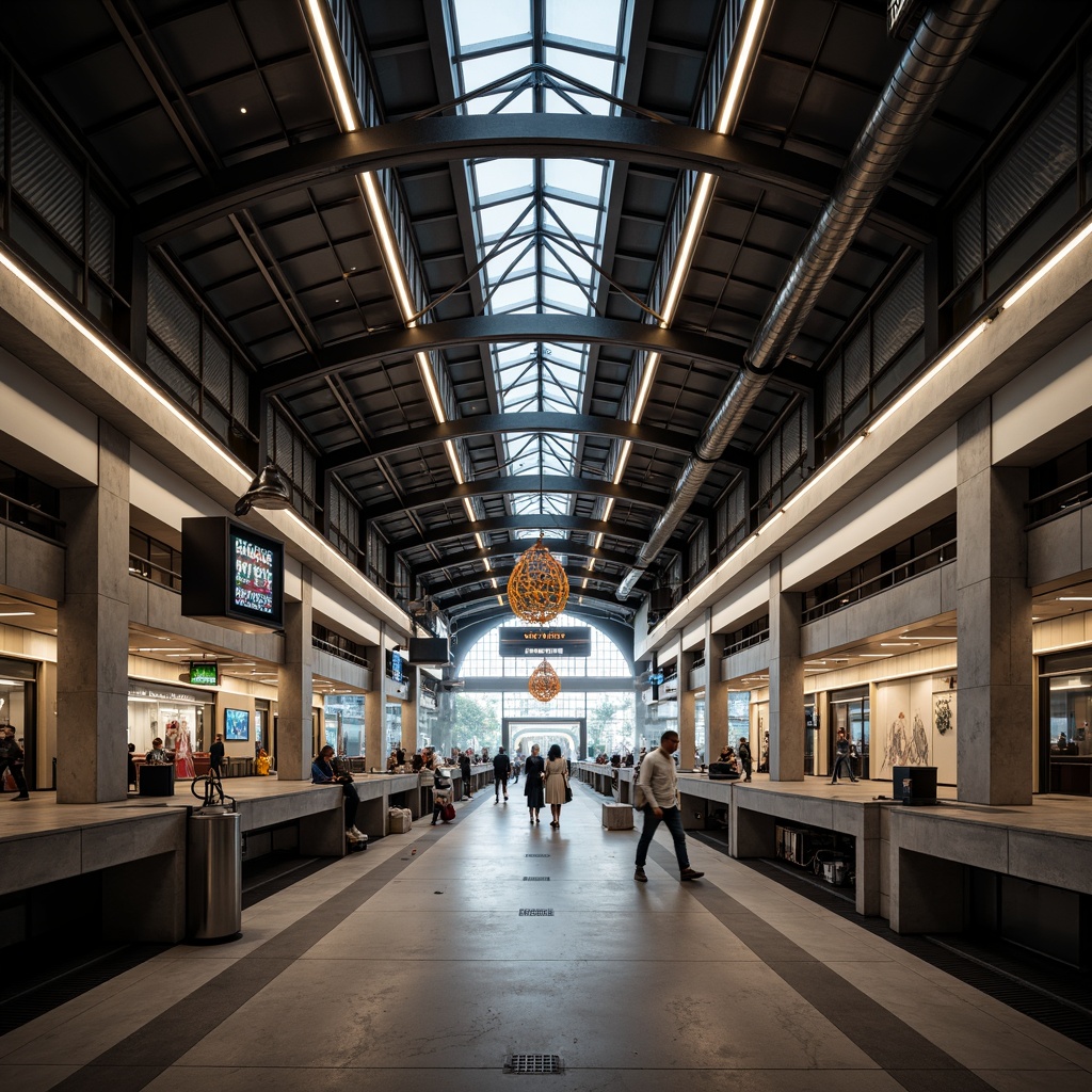 Prompt: \Sleek train station, modern architecture, high ceilings, industrial-chic aesthetic, exposed ductwork, polished concrete floors, stainless steel beams, futuristic lighting fixtures, LED strip lights, neon accents, geometric pendant lamps, minimalist sconces, urban vibe, bustling atmosphere, morning commute, soft warm glow, shallow depth of field, 3/4 composition, realistic textures, ambient occlusion.\