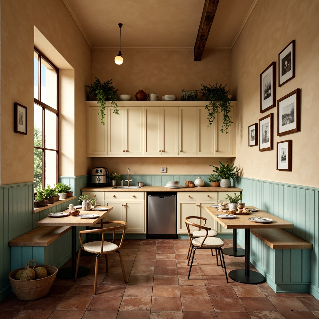 Prompt: Cozy breakfast nook, warm beige walls, rustic wooden tables, vintage metal chairs, soft cream-colored cabinets, pastel blue accents, natural linen fabrics, earthy terracotta tiles, warm golden lighting, intimate atmosphere, 1/1 composition, realistic textures, ambient occlusion.