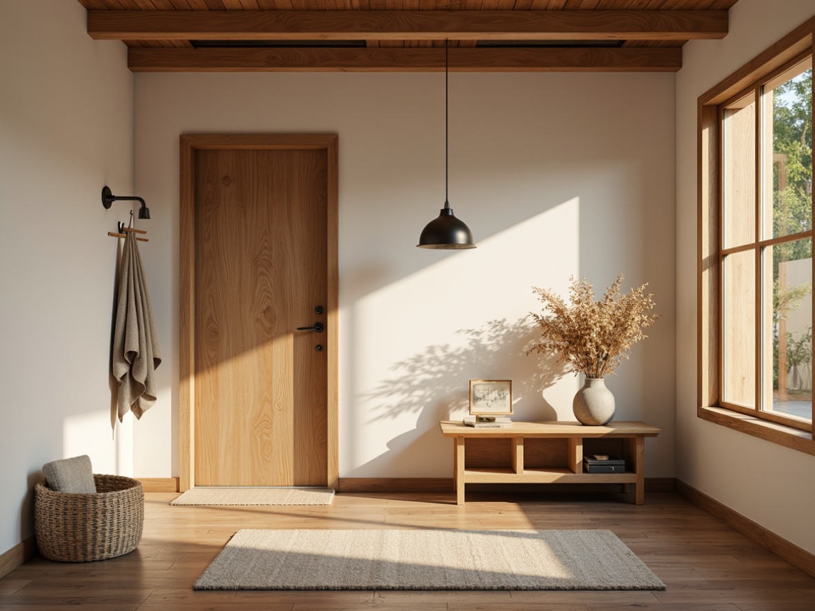 Prompt: Cozy Scandinavian-style entryway, warm wooden accents, soft creamy walls, minimal ornamentation, sleek metal fixtures, natural linen textiles, plush area rugs, inviting pendant lamps, warm golden lighting, subtle shadows, 1/2 composition, shallow depth of field, realistic wood grain textures, ambient occlusion.