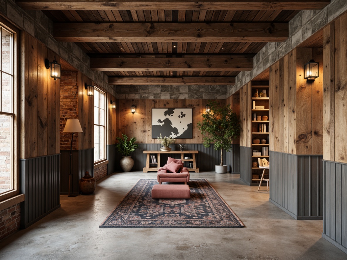 Prompt: Rustic wooden accents, distressed metal panels, exposed brick walls, industrial chic concrete floors, reclaimed wood beams, natural stone cladding, earthy color palette, warm ambient lighting, shallow depth of field, 1/1 composition, realistic textures, ambient occlusion.