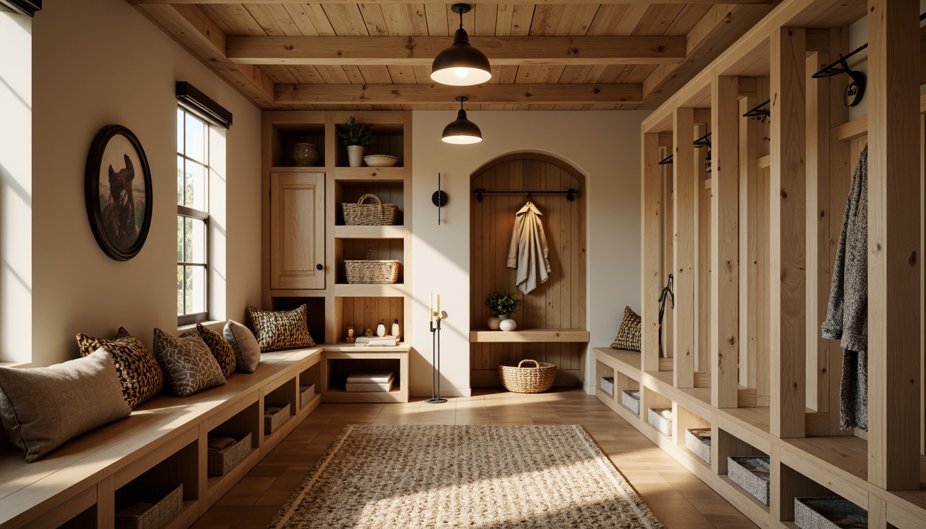 Prompt: Cozy mudroom, warm beige tones, natural wood accents, soft ambient lighting, rustic metal fixtures, earthy scent, woven baskets, plush area rugs, built-in benches, individual storage cubbies, bright white LED lights, overhead pendant lamps, table lamps on console tables, floor lamps in corners, warm glow of candles, subtle shadows, layered lighting, soft focus, 1/1 composition, realistic textures, ambient occlusion.