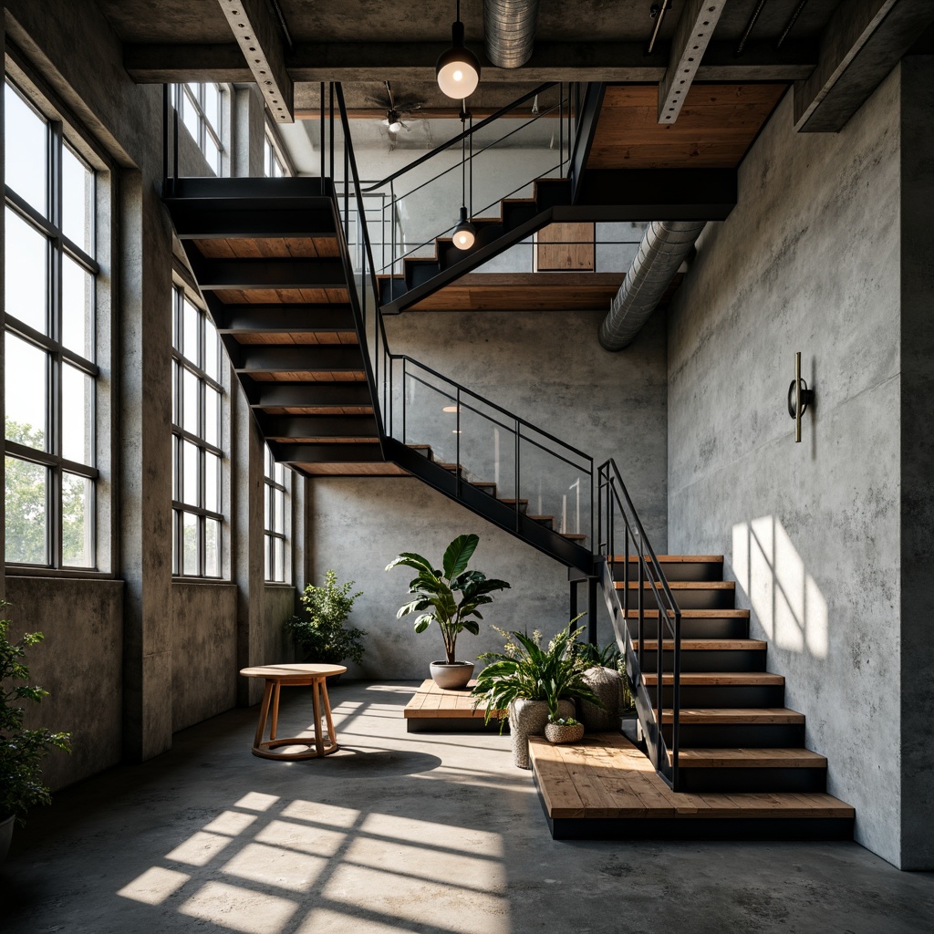 Prompt: Industrial staircase, metal framework, stainless steel handrails, wooden treads, glass balustrades, minimalist design, functional aesthetics, neutral color palette, concrete floors, exposed ductwork, industrial lighting fixtures, Edison bulbs, urban loft atmosphere, natural light pouring in, dramatic shadows, high-contrast lighting, 3/4 composition, shallow depth of field.