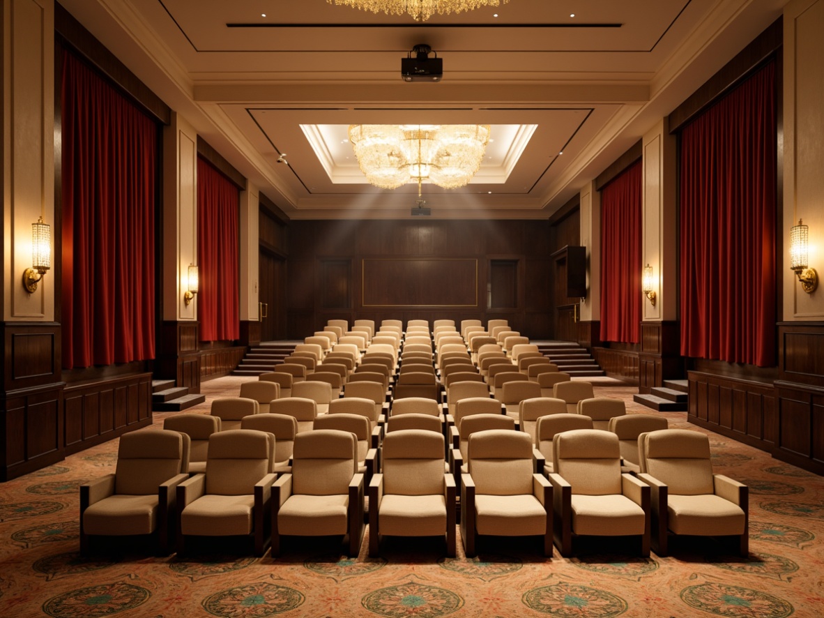 Prompt: Elegant auditorium interior, rich wood accents, velvety red curtains, golden lighting fixtures, plush comfortable seating, sophisticated carpeting, subtle patterned upholstery, warm beige walls, creamy white ceilings, dramatic spotlights, soft diffused lighting, 1/2 composition, cinematic atmosphere, realistic fabric textures, ambient occlusion.