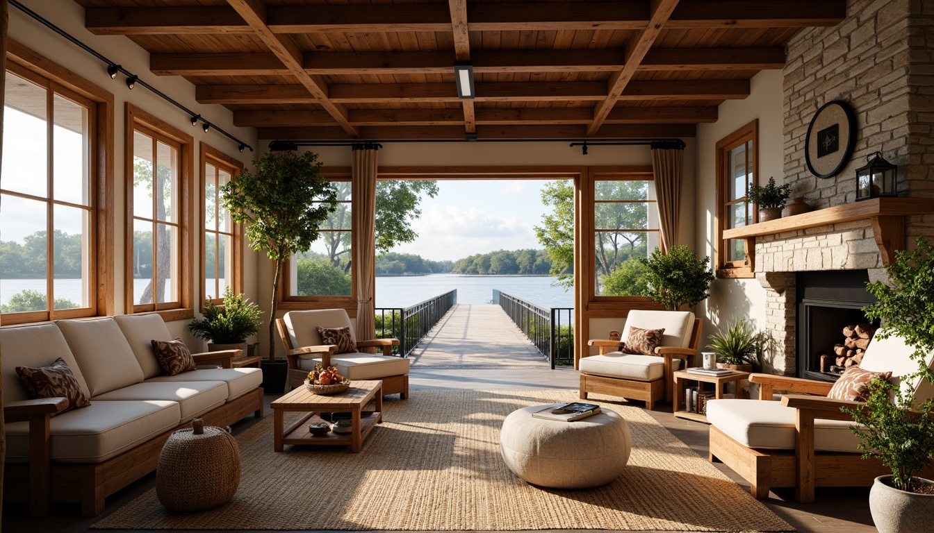 Prompt: Cozy boathouse, rustic wooden dock, soft warm lighting, tranquil lake views, vintage nautical decor, distressed wood accents, plush velvet upholstery, linen drapes, toile de Jouy fabrics, natural jute rugs, woven wicker furniture, rustic metal lanterns, flower-filled planters, lush greenery, French country charm, ornate wooden beams, stone fireplace, warm beige walls, soft pastel colors, 1/1 composition, shallow depth of field, realistic textures.